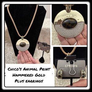 Chico’s Animal Print & Gold Necklace with hoop / post earrings